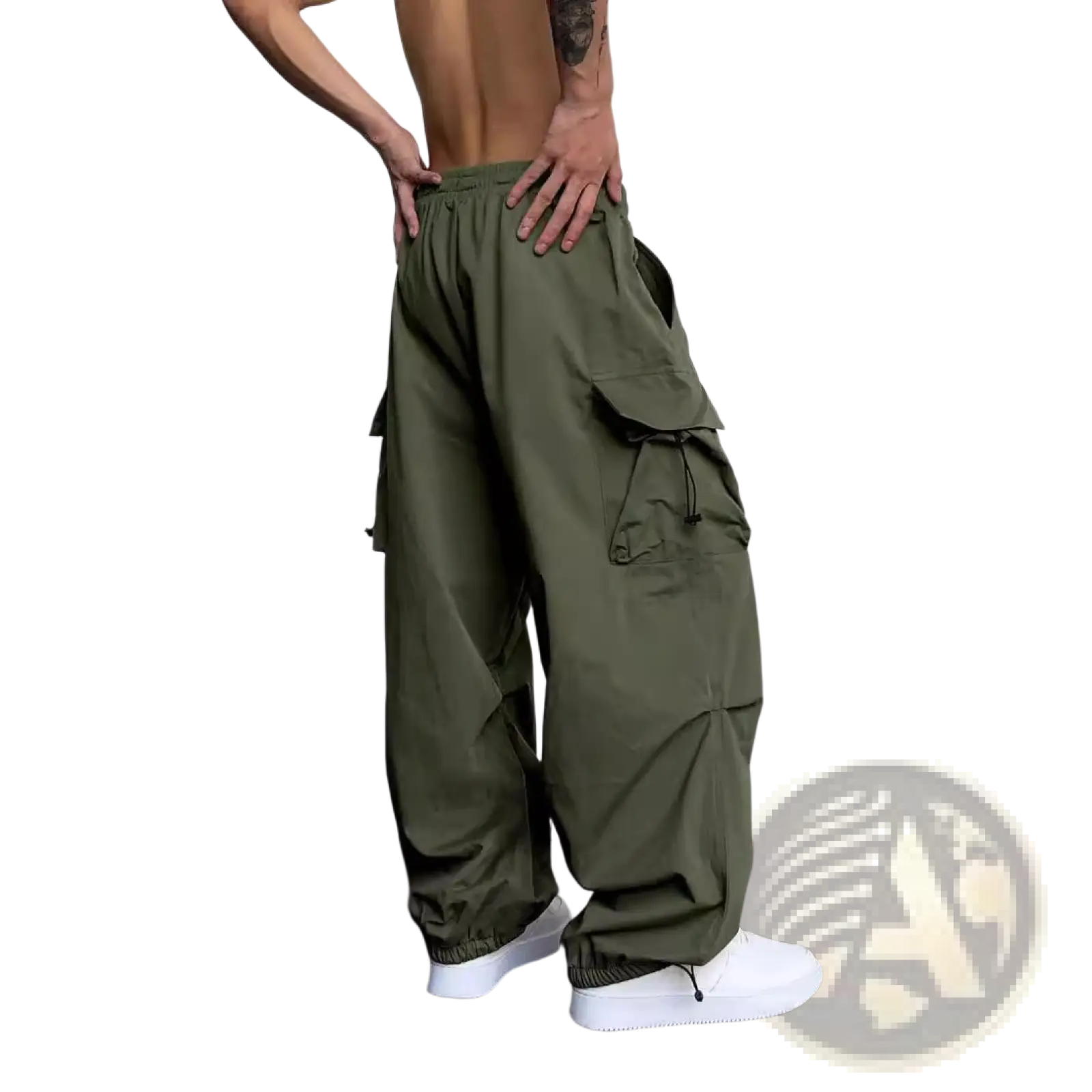 Men’s olive green quick dry cargo pants with wide leg, multiple pockets, and drawstring waistband front view