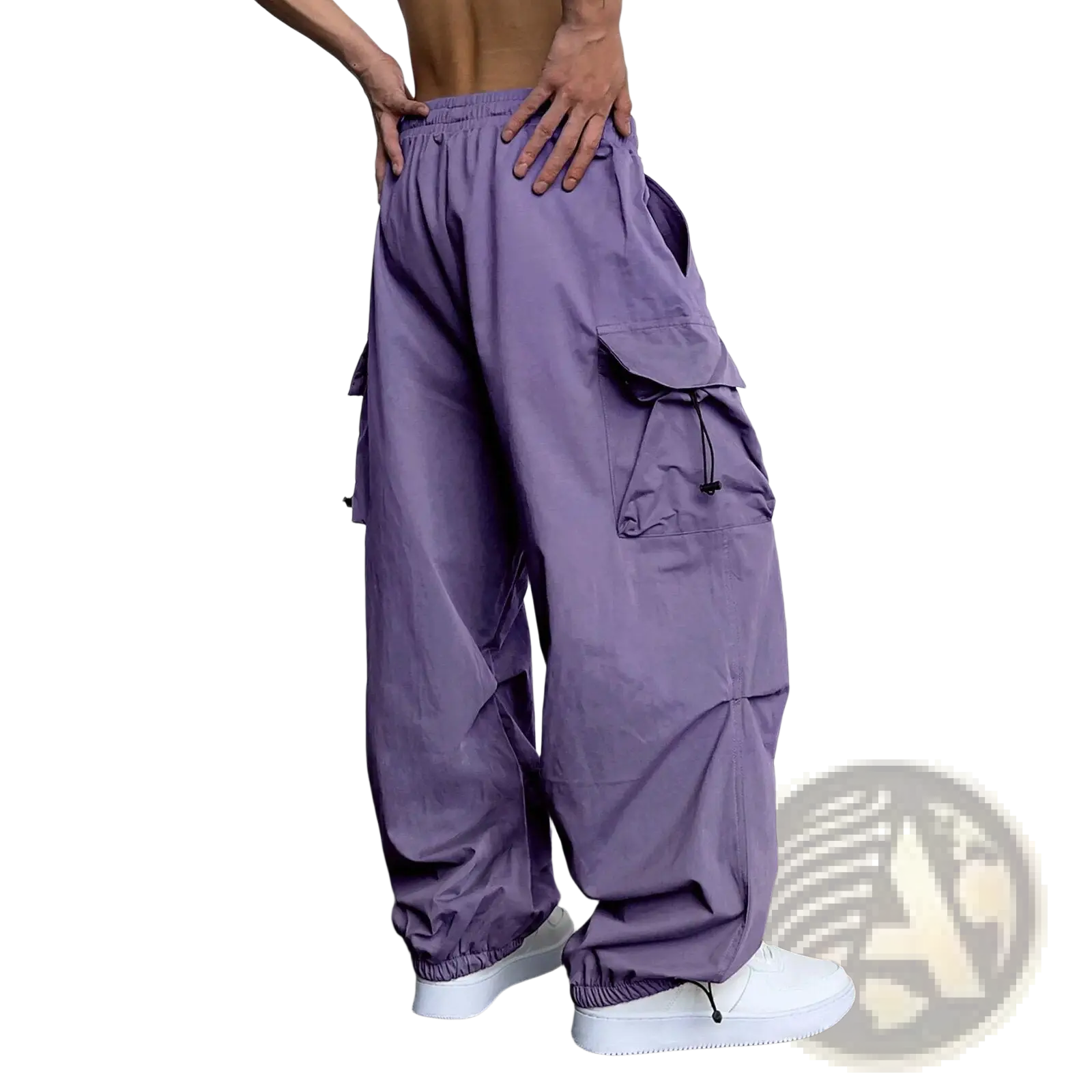 Men’s purple quick dry cargo pants with wide leg, multiple pockets, elastic waistband, and drawstring closure