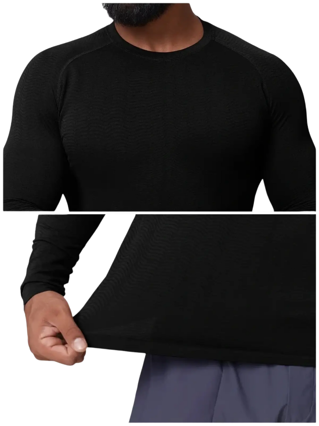 Men’s quick dry long sleeve black athletic fishing shirt with snug fit and textured fabric