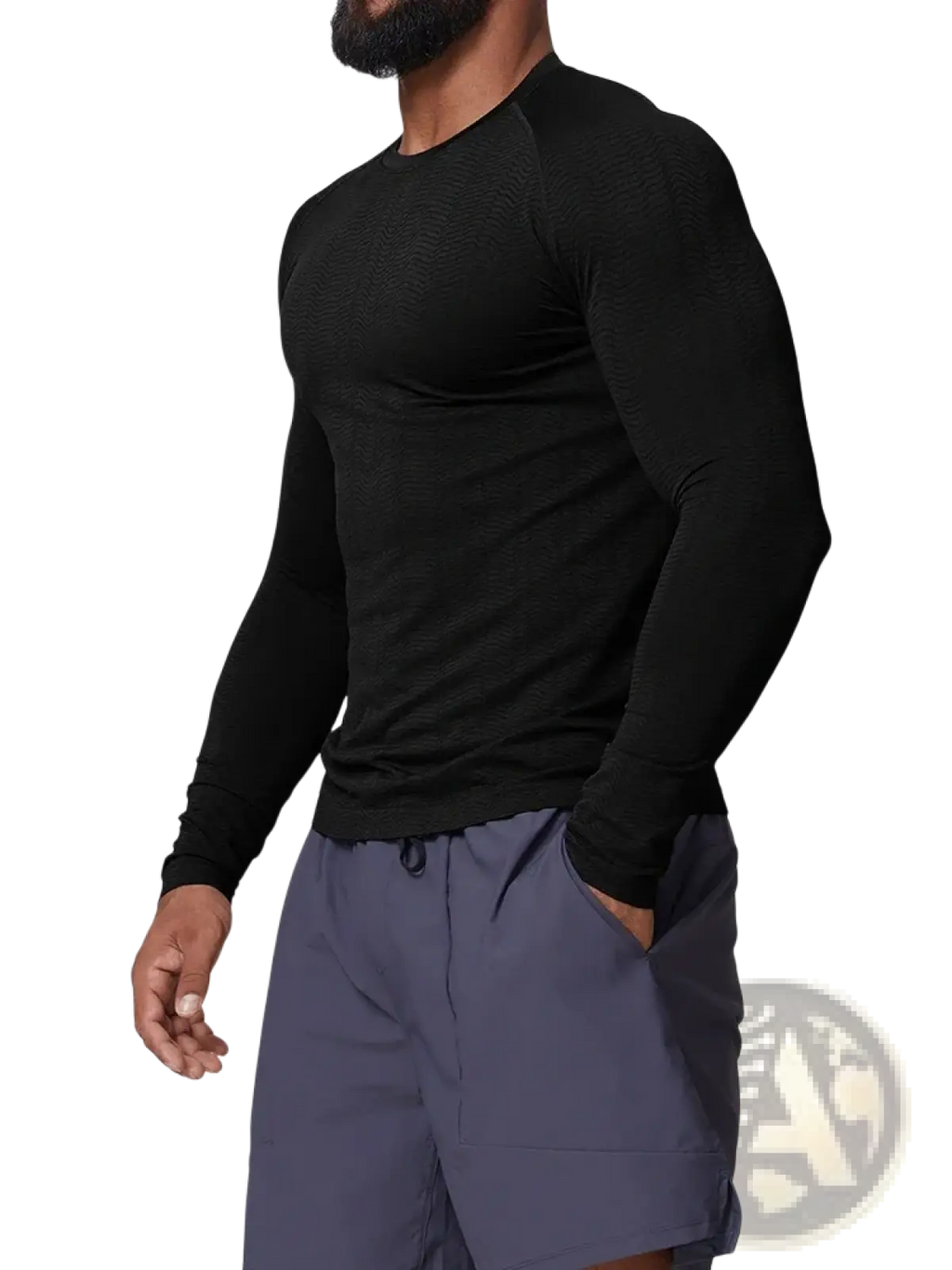 Men’s quick dry long sleeve athletic fishing shirt in black textured knit fabric with ribbed cuffs and form-fitting design
