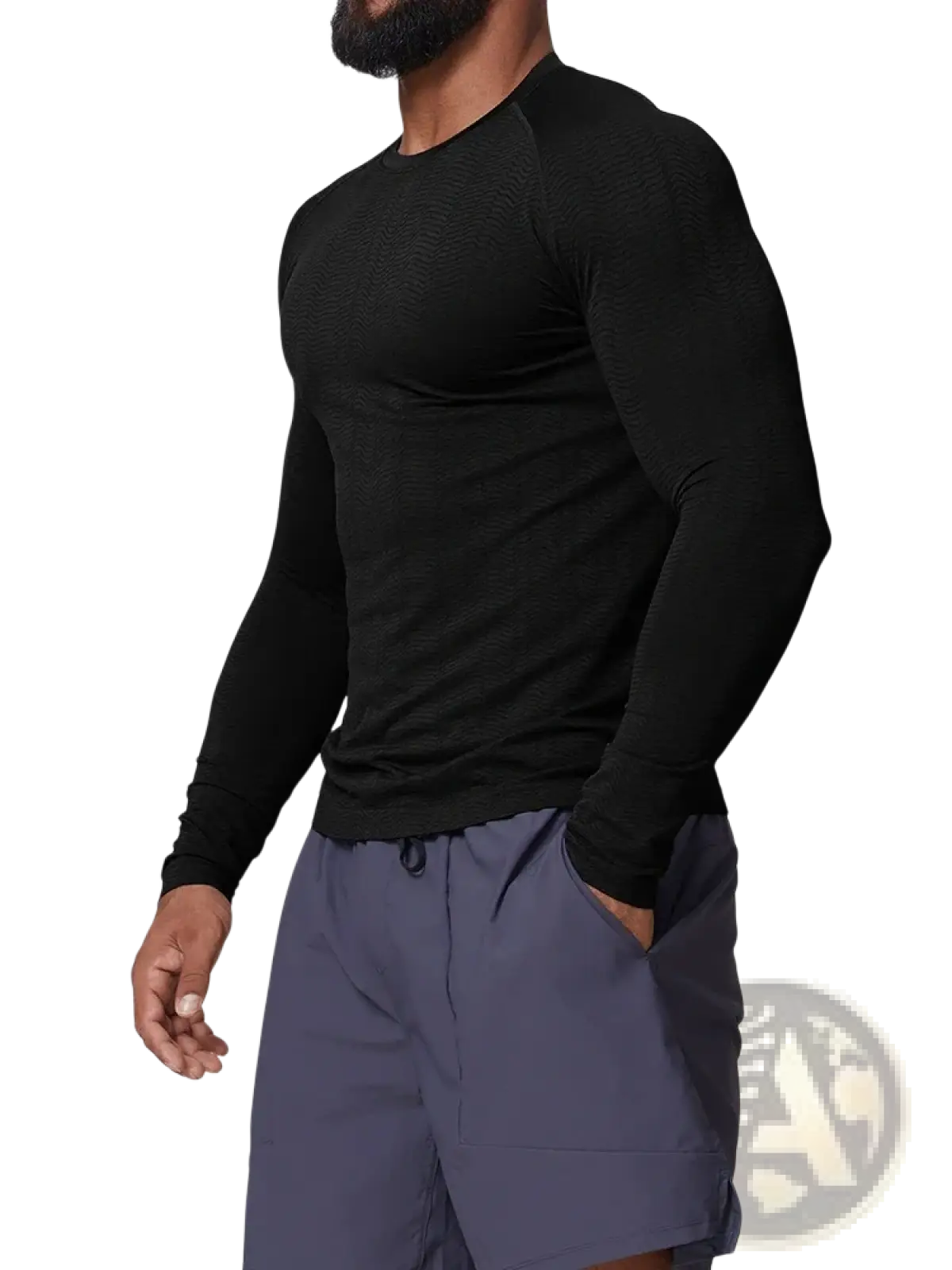 Men’s quick dry long sleeve athletic fishing shirt in black textured knit fabric with ribbed cuffs and form-fitting design