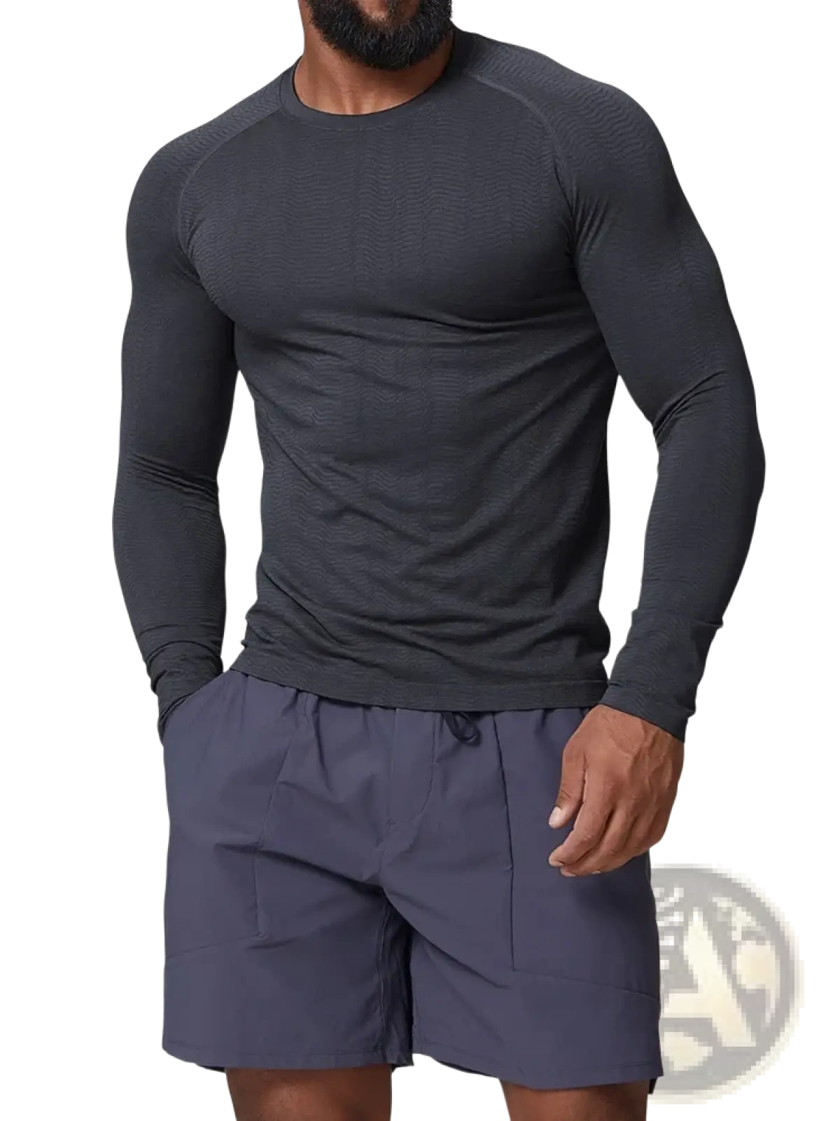 Men’s quick dry long sleeve athletic fishing shirt in dark gray with textured ribbed fabric and raglan sleeves