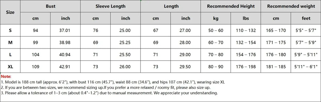 Men’s quick dry long sleeve athletic fishing shirt size chart with measurements in centimeters and inches from s to xl
