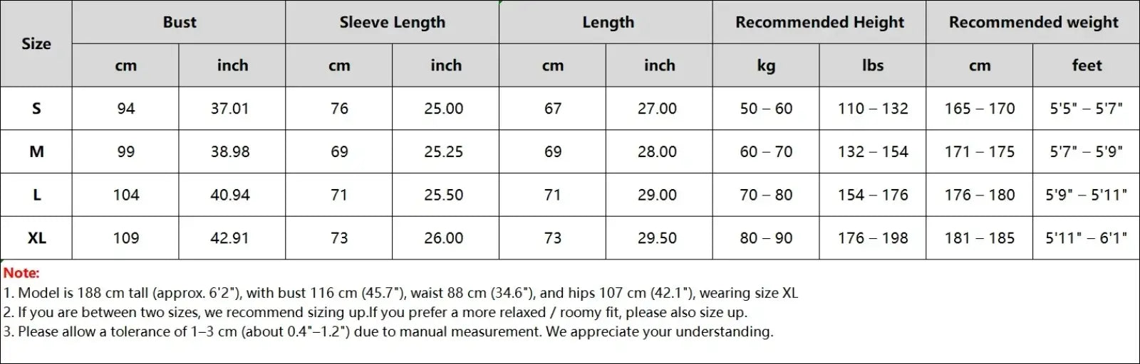 Men’s quick dry long sleeve athletic fishing shirt size chart with measurements in centimeters and inches from s to xl