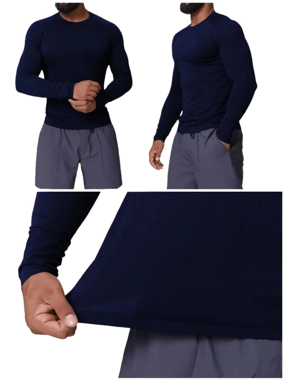 Navy blue men’s quick dry long sleeve athletic fishing shirt with crew neck and textured fabric front view