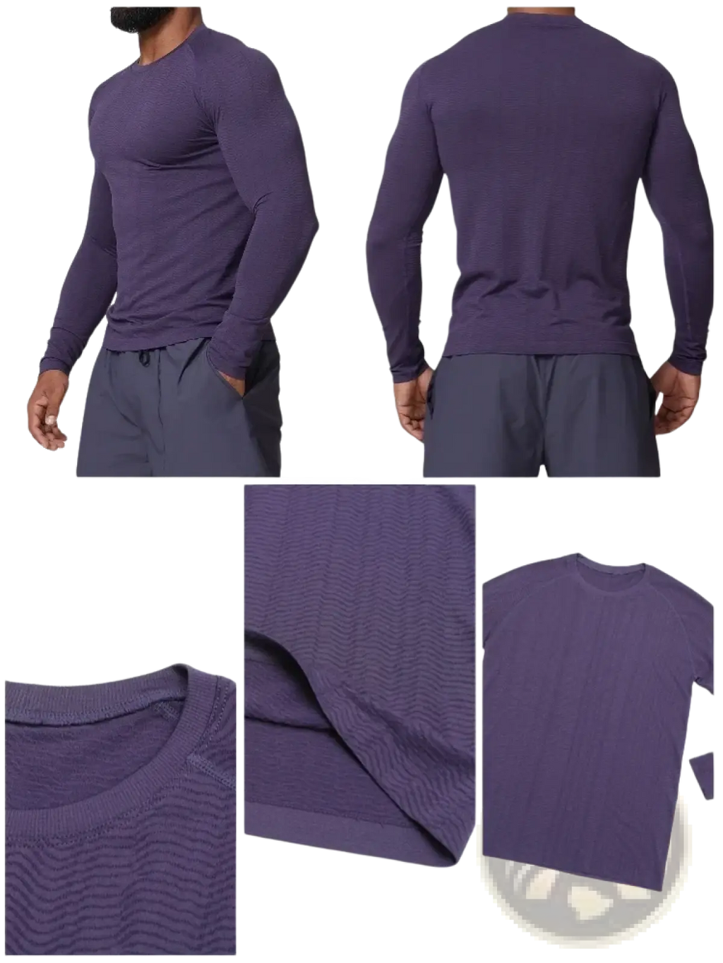 Men’s purple quick dry long sleeve athletic fishing shirt with seamless smooth seam and textured fabric