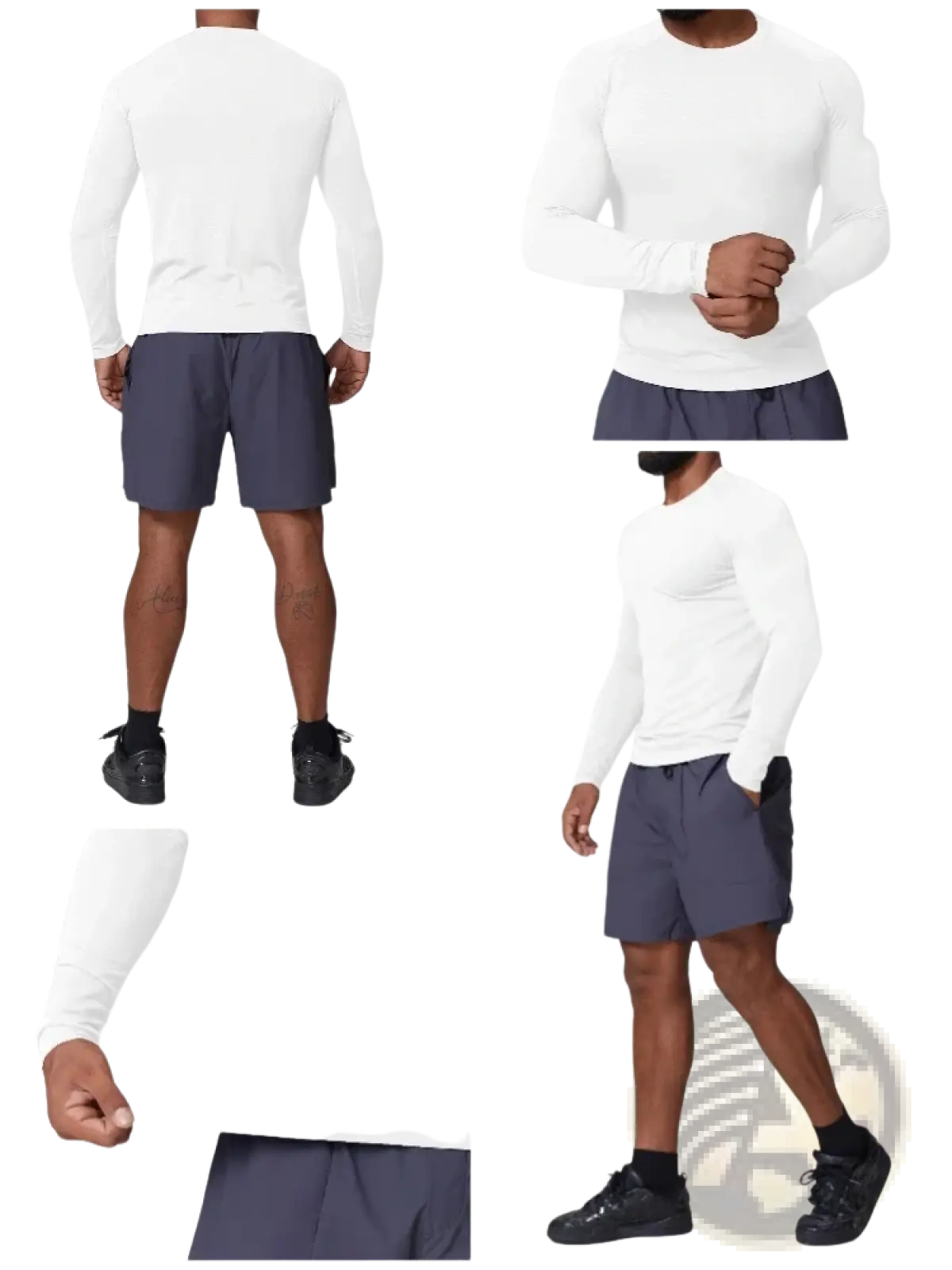 Men’s quick dry long sleeve white athletic fishing shirt paired with navy blue shorts displayed from the front