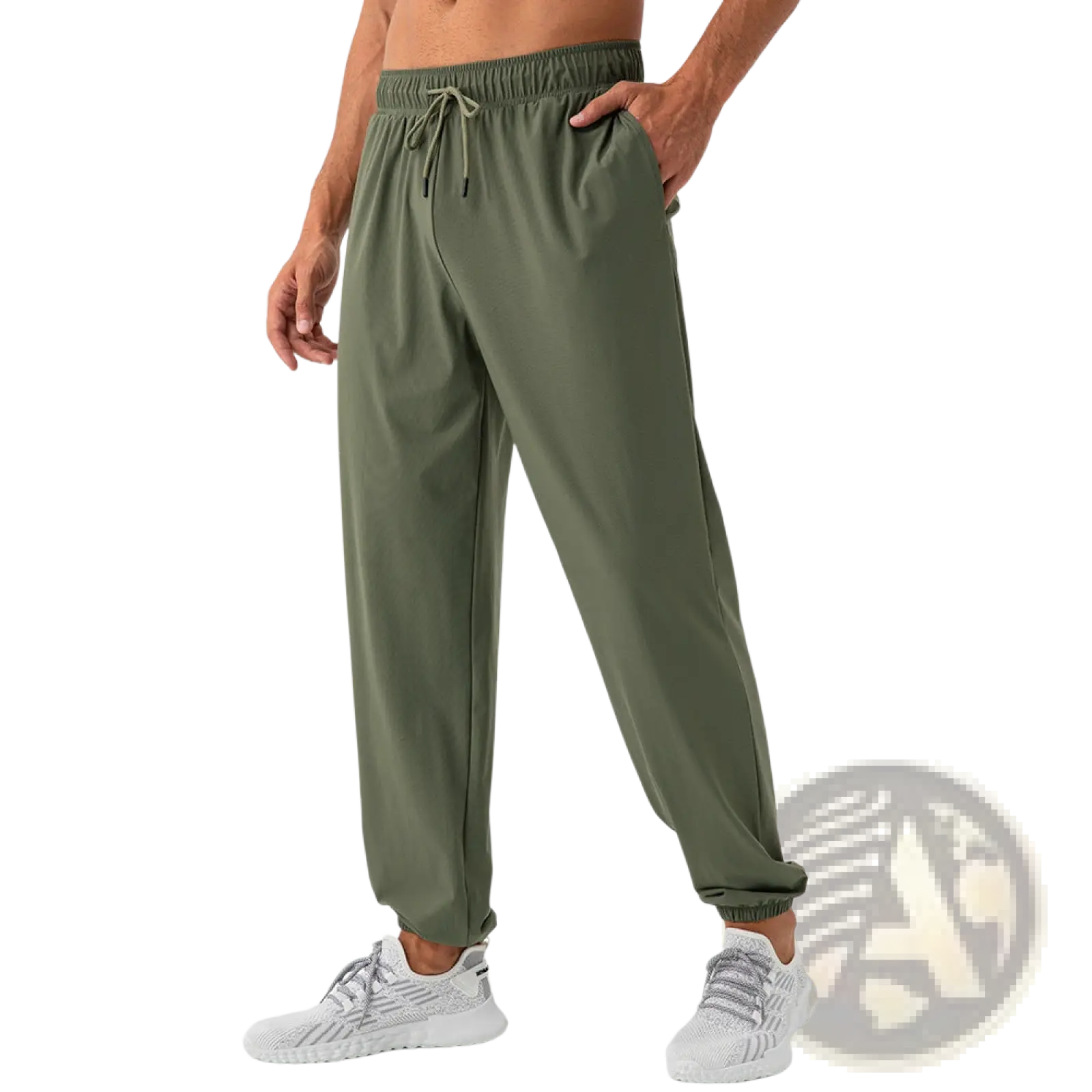 Olive green men’s quick dry nylon loose fit athletic joggers with elastic waistband drawstring and ribbed cuffs