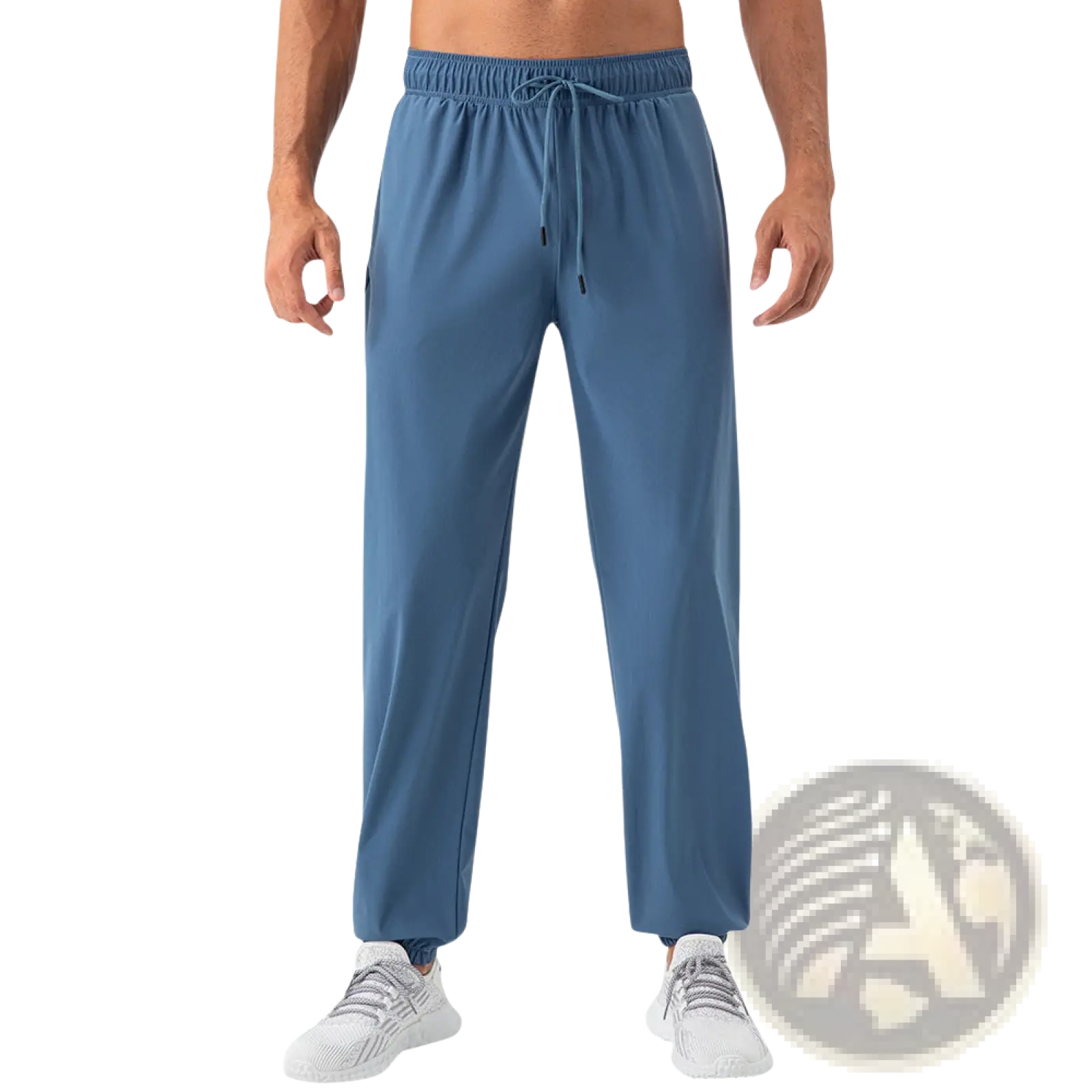 Men’s quick dry nylon loose fit athletic track pants in blue with elastic waistband and drawstring made from lightweight fabric
