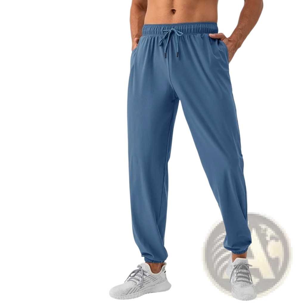 Men’s quick dry nylon loose fit athletic track pants in blue ice vertical stripe fabric with elastic waistband and drawstring