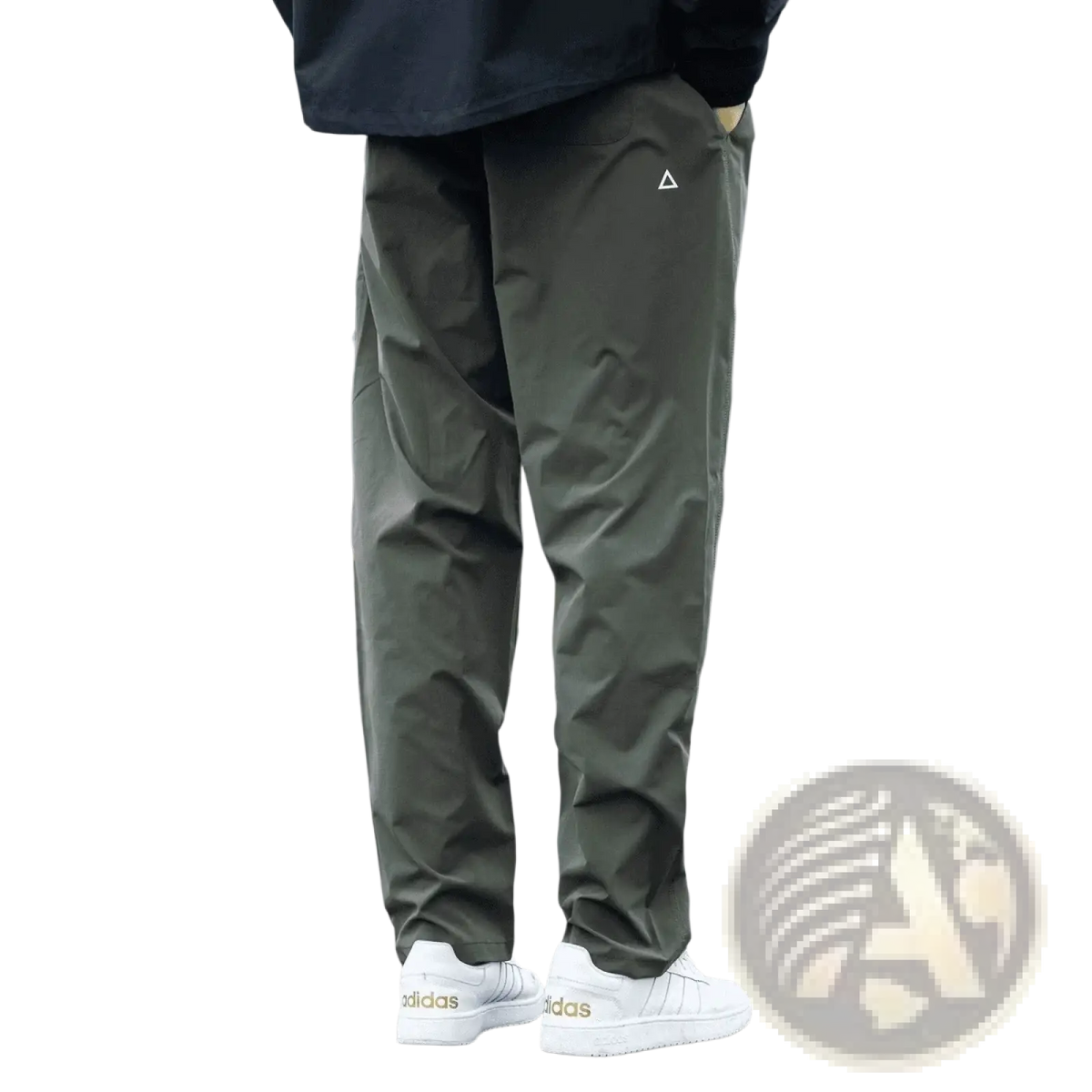 Mens quick dry tactical cargo pants in olive green with tapered fit and subtle white adidas triangle logo on thigh