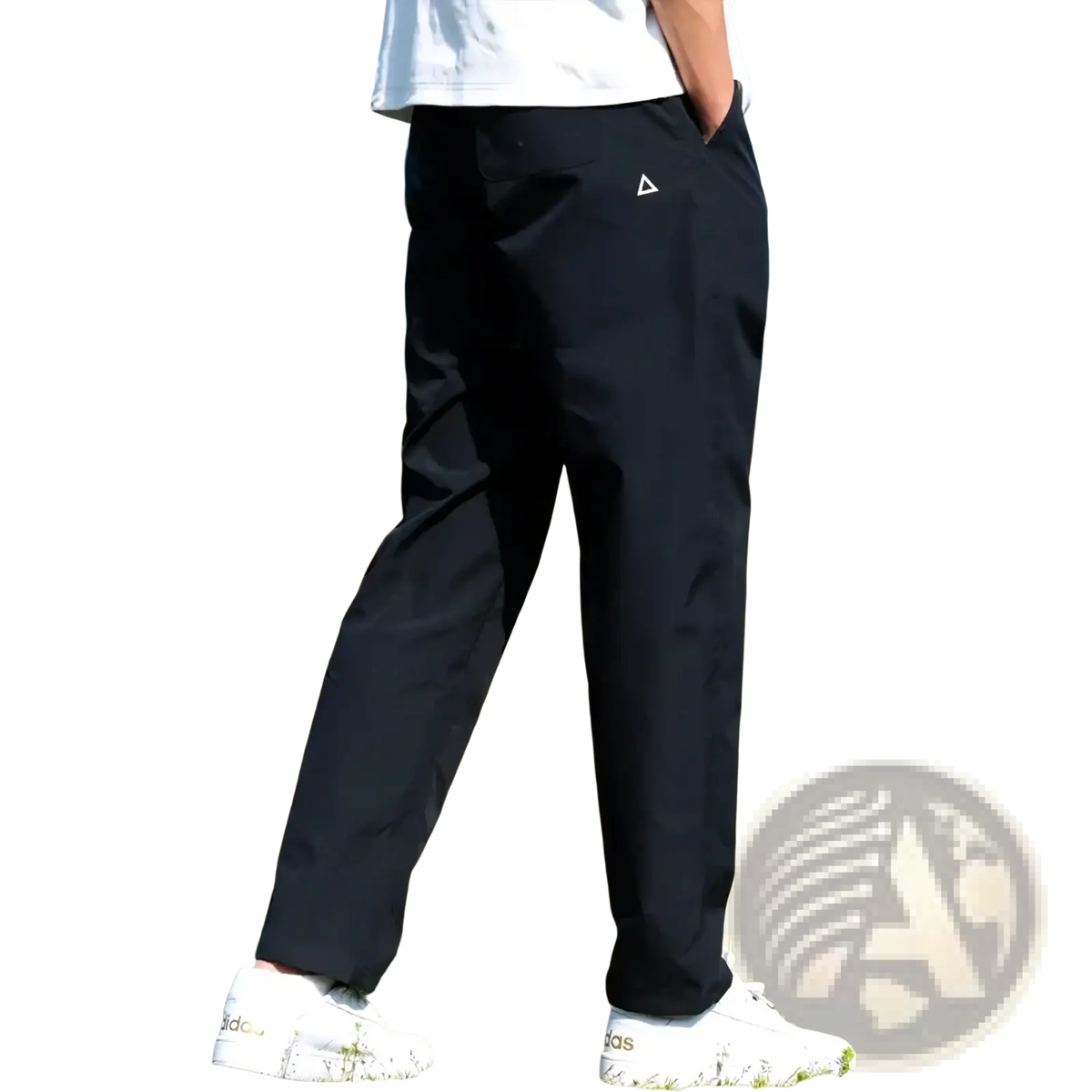 Mens quick dry tactical cargo pants in black with tapered fit and a subtle white adidas triangular logo on the thigh