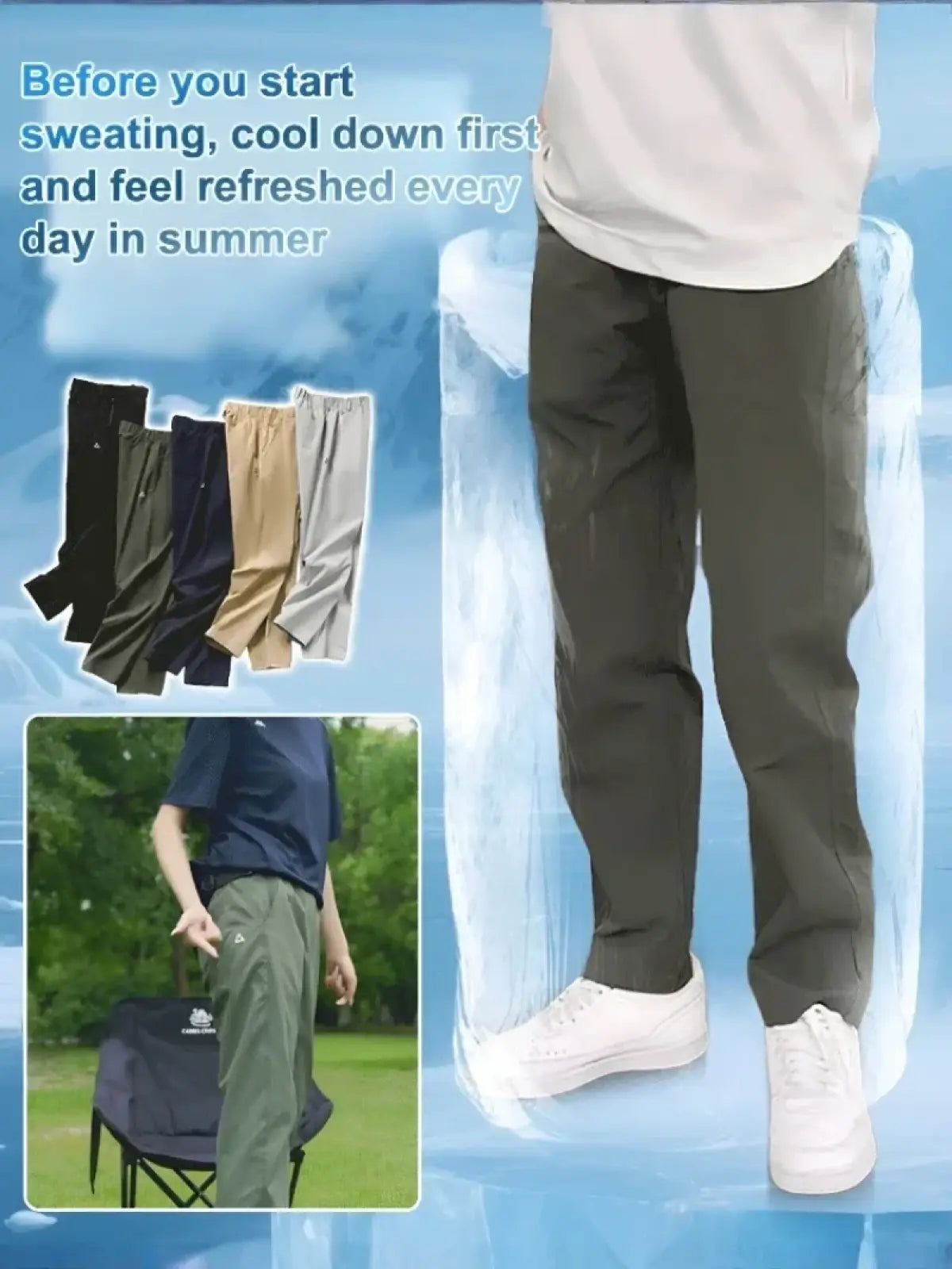 Dark olive green mens quick dry tactical cargo pants made of lightweight breathable fabric with elastic waistband