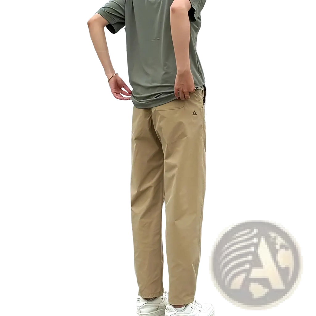 Beige quick dry tactical cargo pants for men showing back side with small black triangle logo on the pocket
