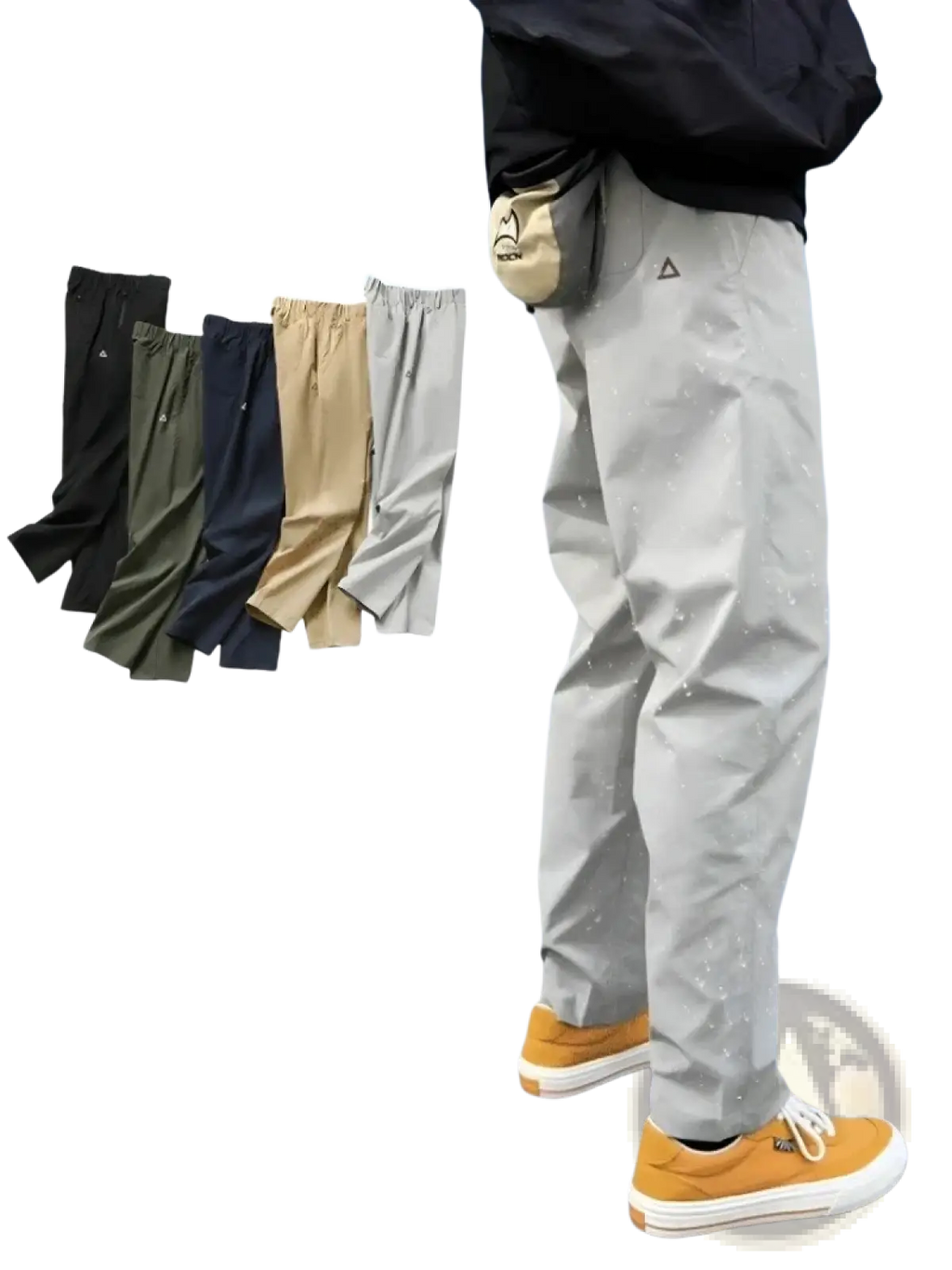 Mens quick dry tactical cargo pants in light gray with stretchy waterproof fabric and an elastic waistband for comfort