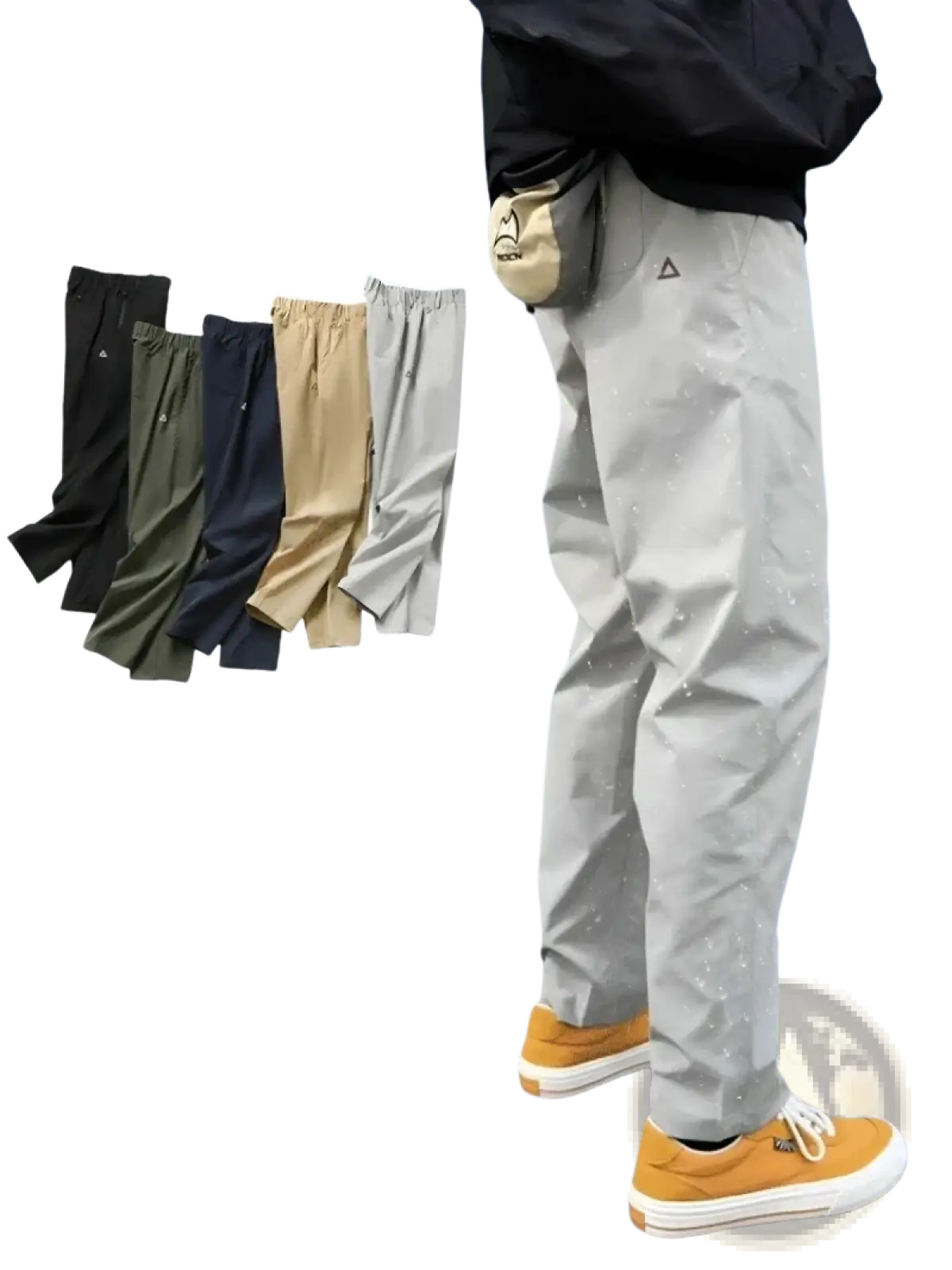 Mens quick dry tactical cargo pants in light gray with stretchy waterproof fabric and an elastic waistband for comfort