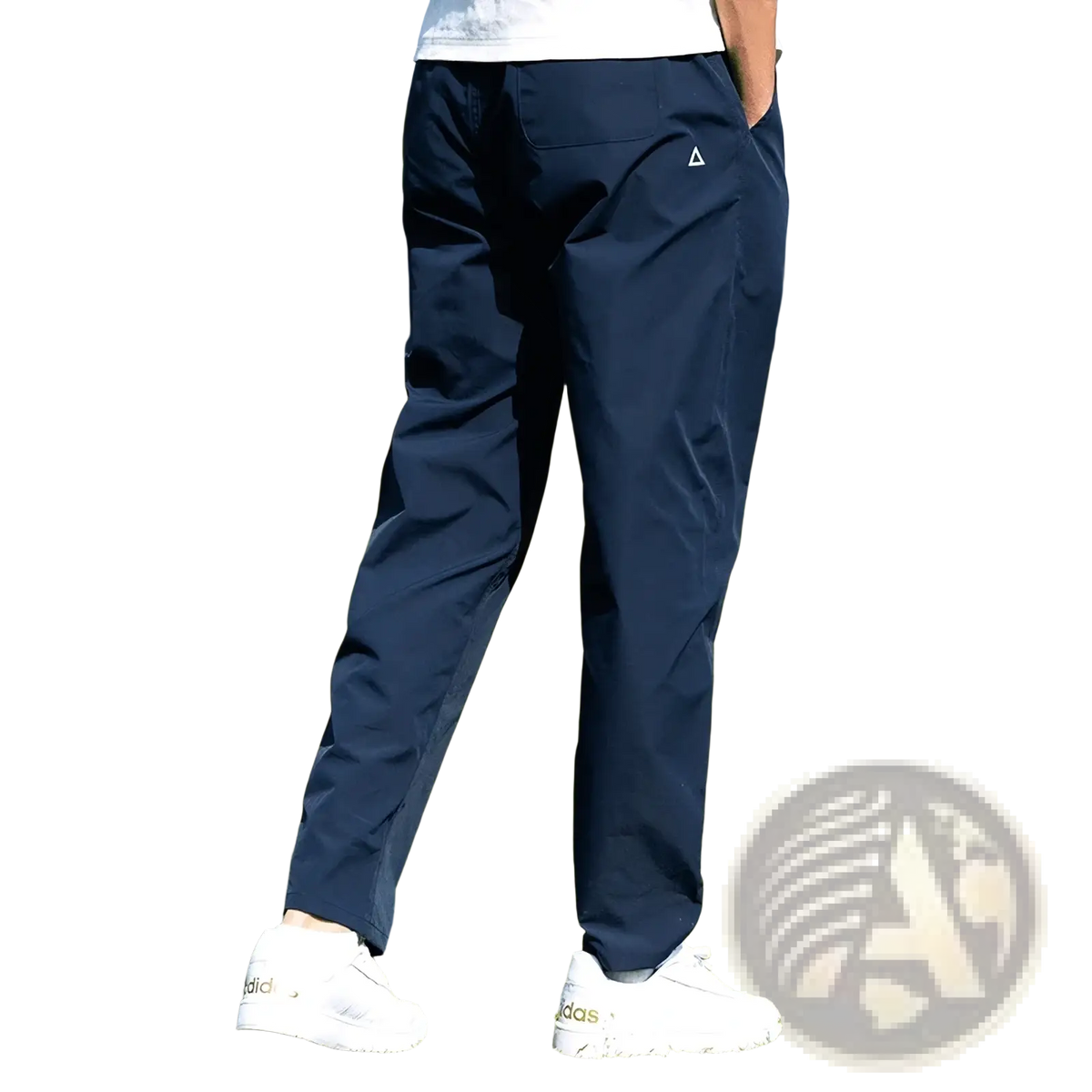 Mens quick dry tactical cargo pants in navy blue with a small white triangle logo on the thigh pocket