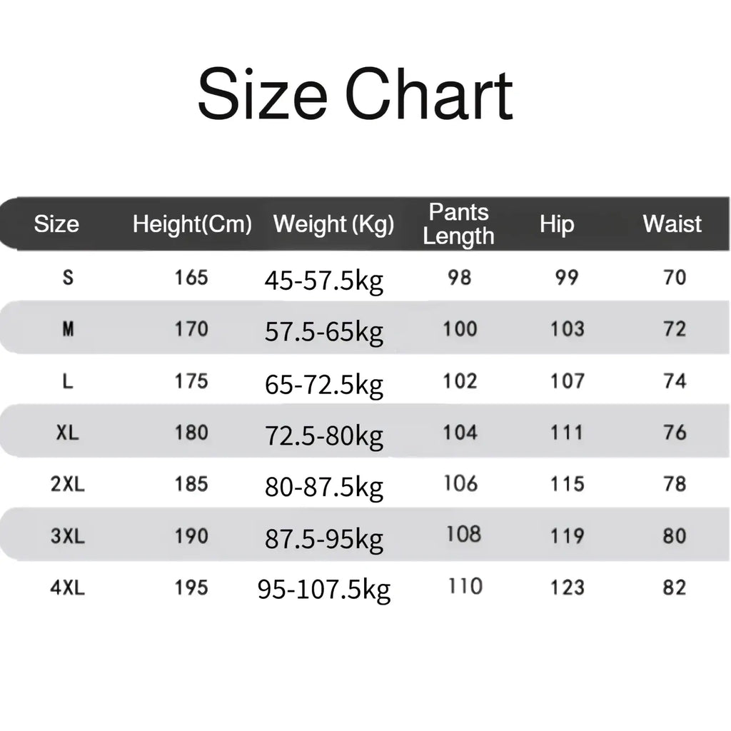 Size chart for mens quick dry tactical cargo pants showing measurements in centimeters and kilograms from s to 4xl
