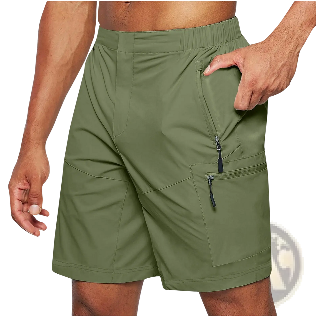 Men’s quick-drying olive green athletic cargo shorts with multiple zippered pockets and elastic waistband in large size