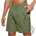 Men’s quick-drying olive green athletic cargo shorts with multiple zippered pockets and elastic waistband in large size