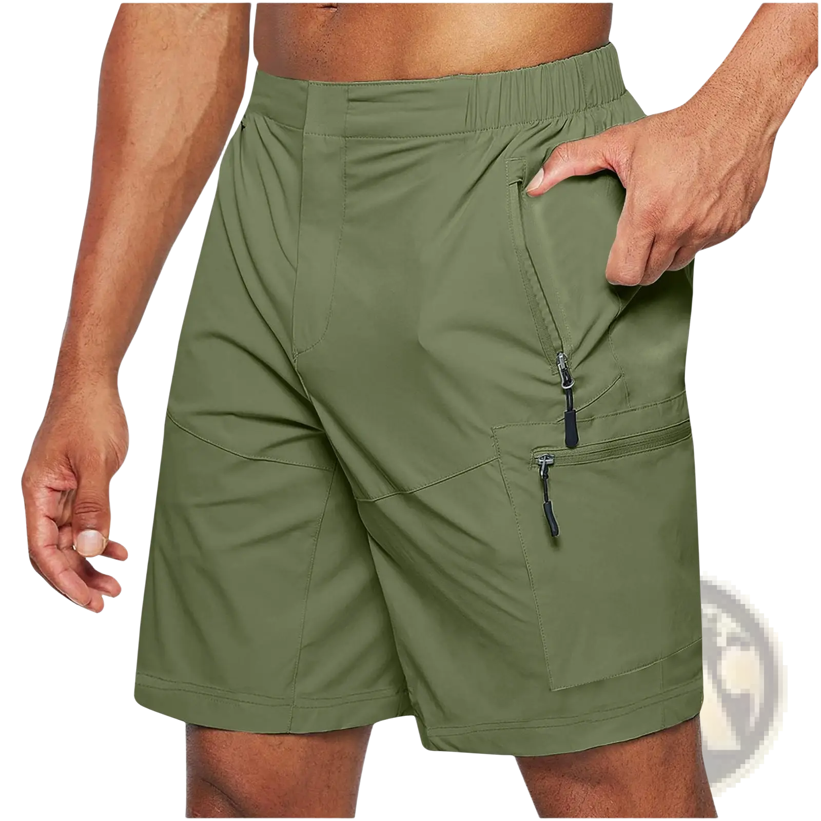 Men’s quick-drying olive green athletic cargo shorts with multiple zippered pockets and elastic waistband in large size