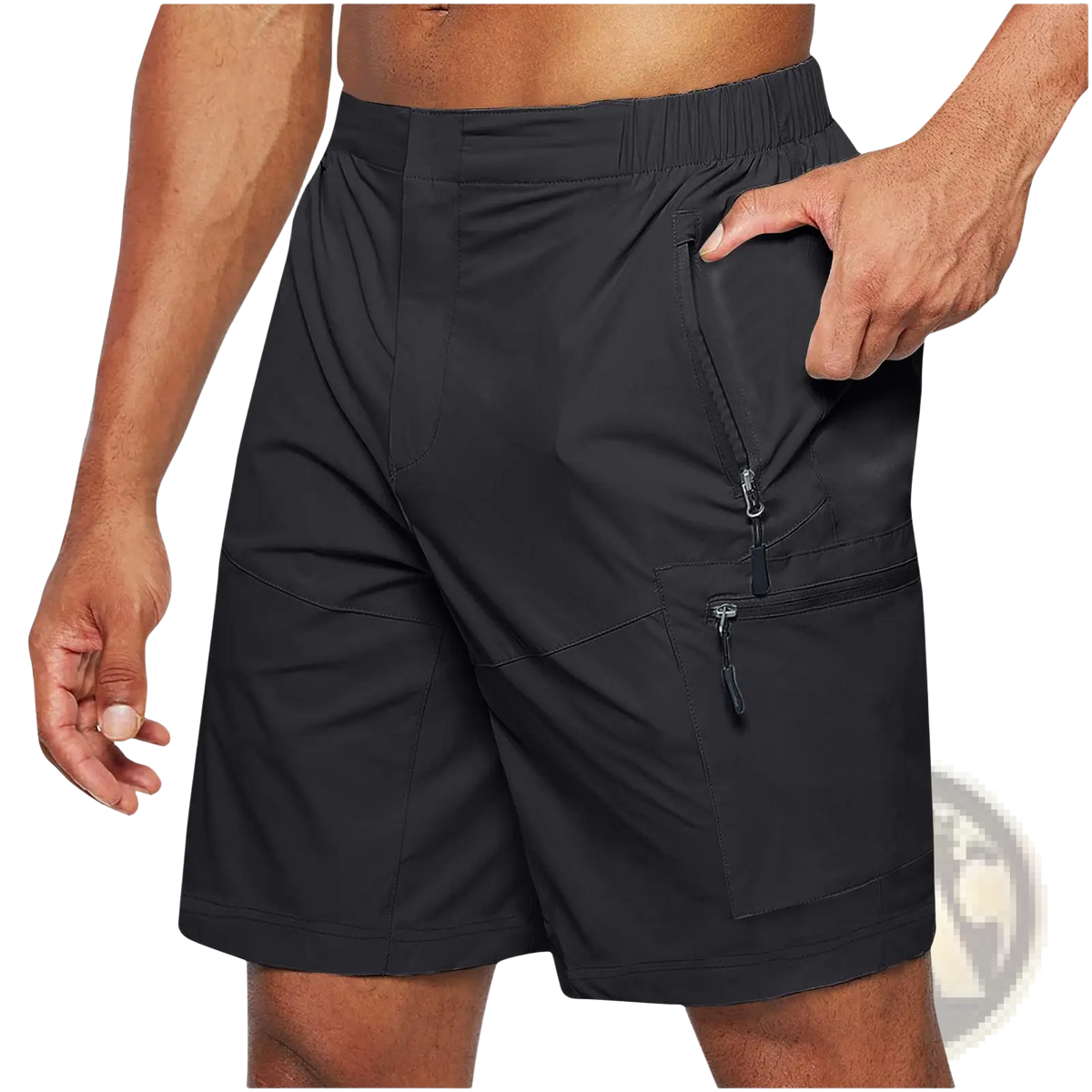 Black men’s quick-drying cargo shorts with elastic waistband and multiple zippered pockets for large sizes