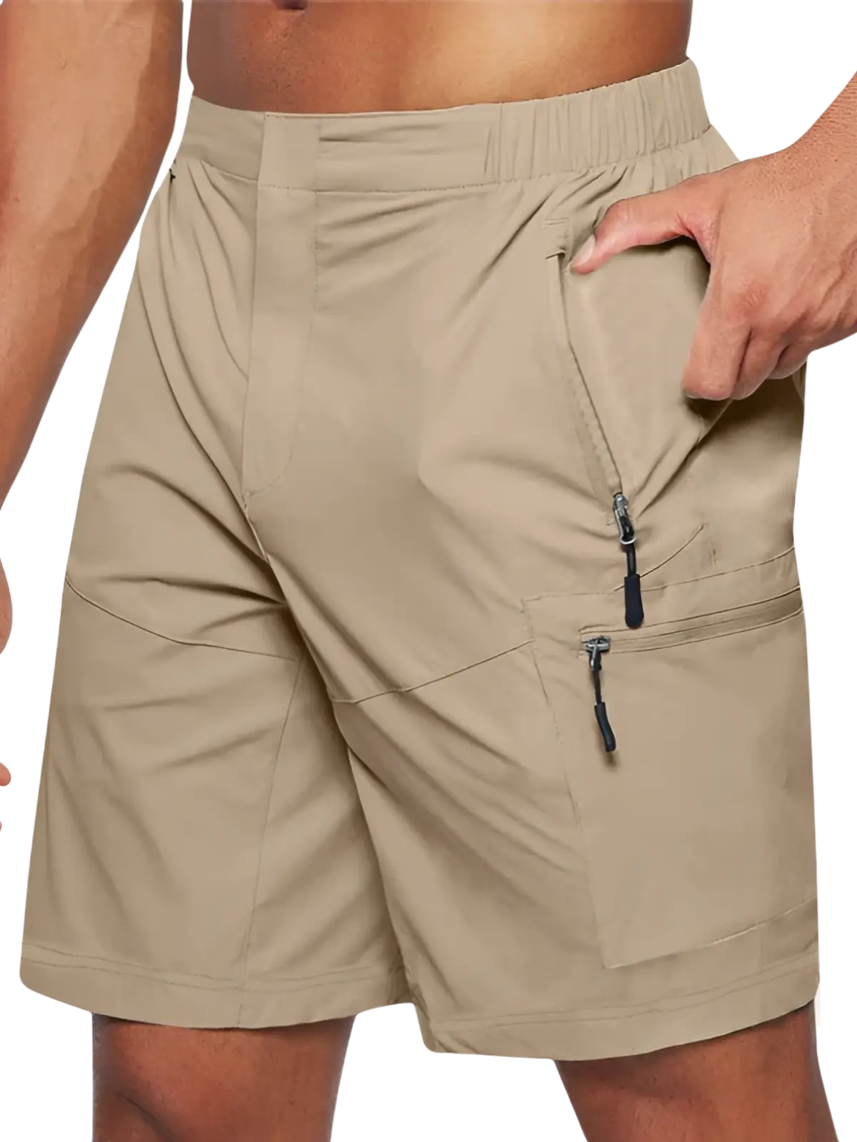 Beige men’s quick-drying cargo shorts with multiple zippered pockets and an elastic waistband in large size