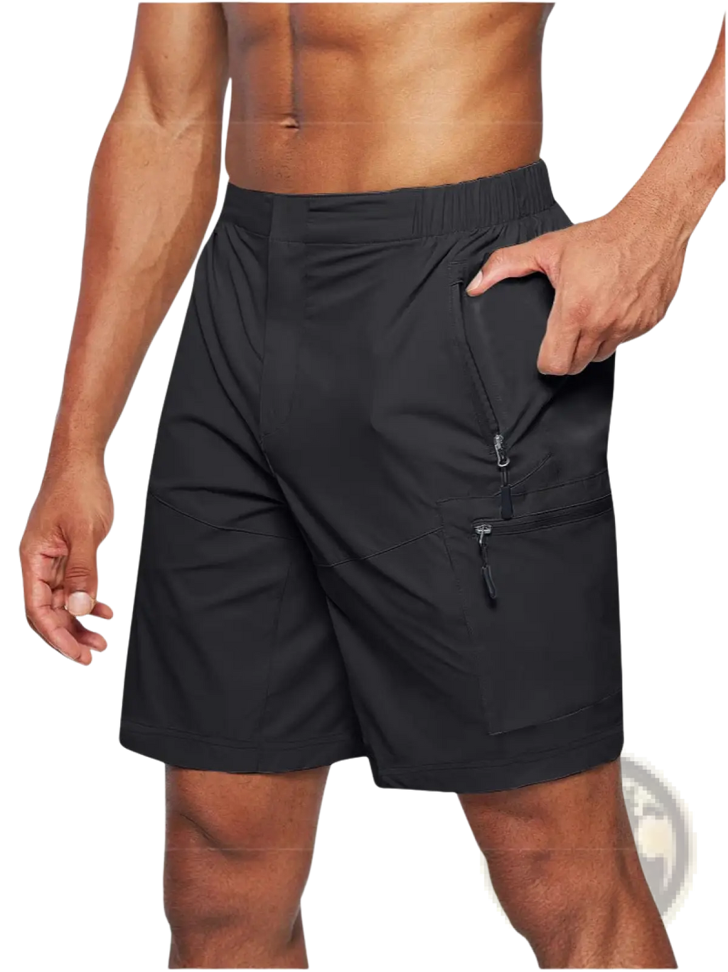 Men’s quick-drying black cargo shorts with drawstring waistband and multiple zippered pockets large size front view