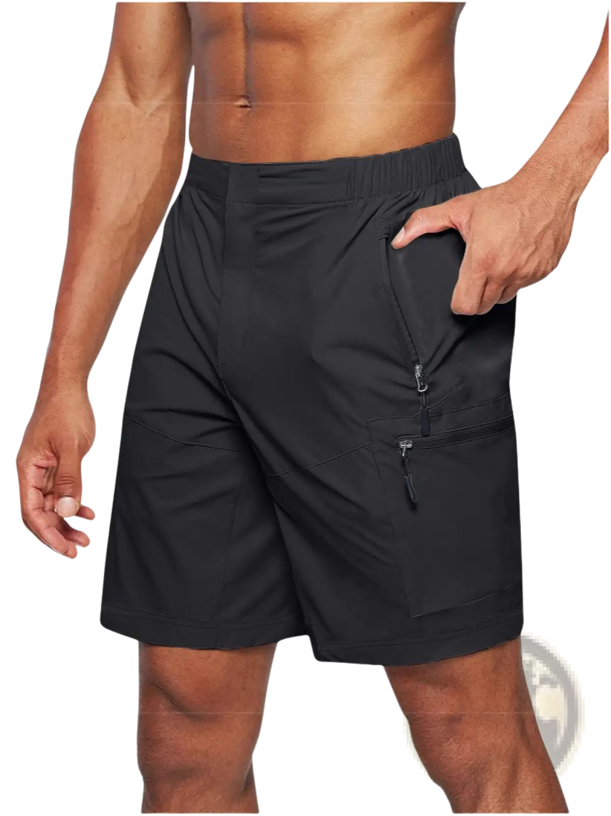 Men’s quick-drying black cargo shorts with drawstring waistband and multiple zippered pockets large size front view