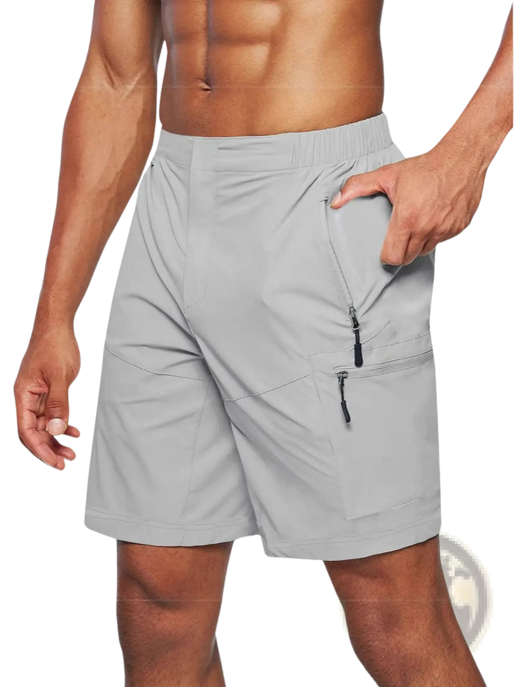 Men’s light gray quick-drying cargo shorts large size with multiple zippered pockets and elastic waistband