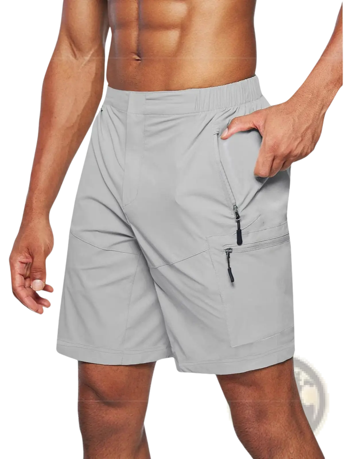 Men’s light gray quick-drying cargo shorts large size with multiple zippered pockets and elastic waistband