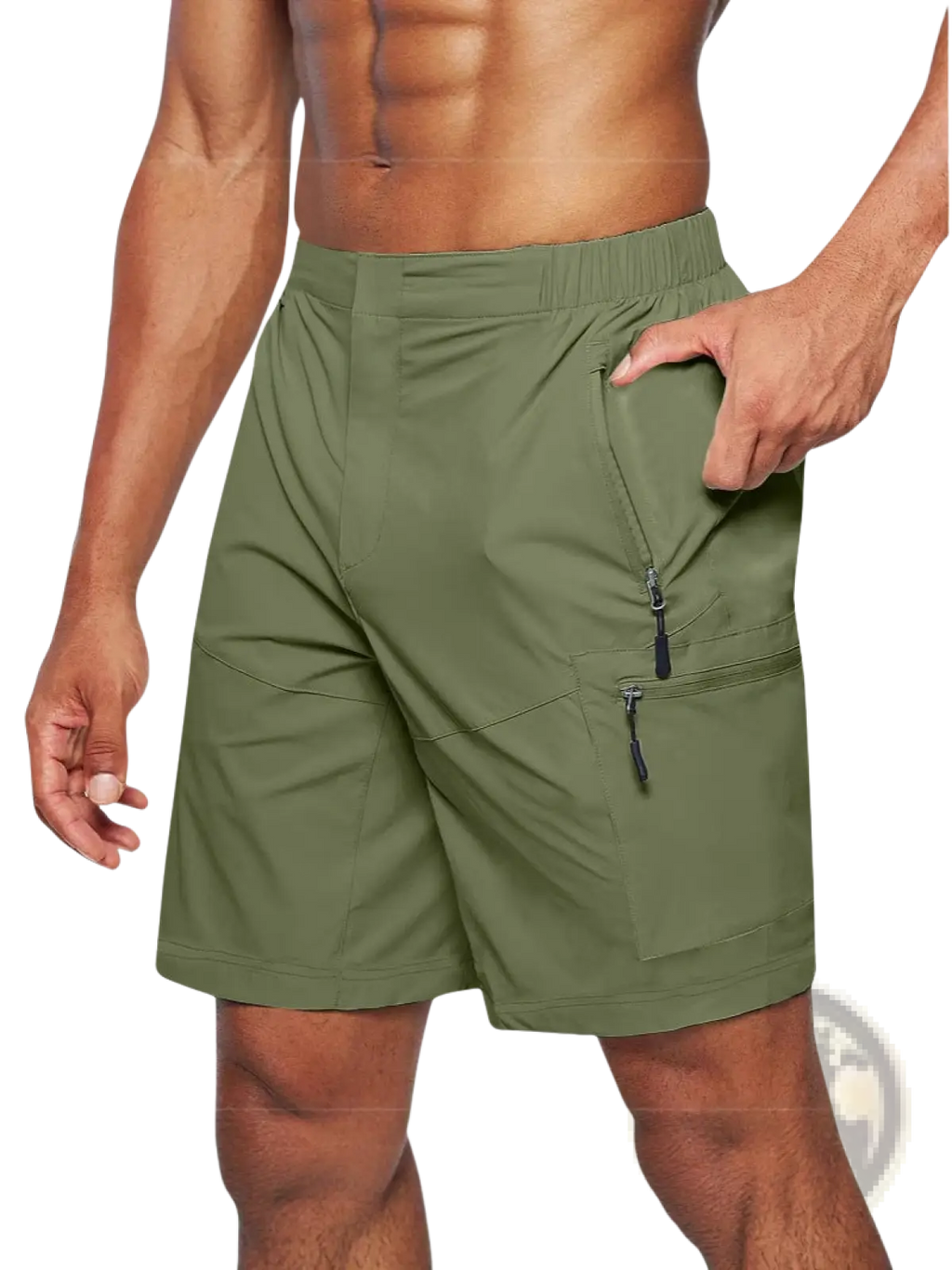 Men’s olive green quick-drying cargo shorts with multiple zippered pockets and an elastic waistband in large size