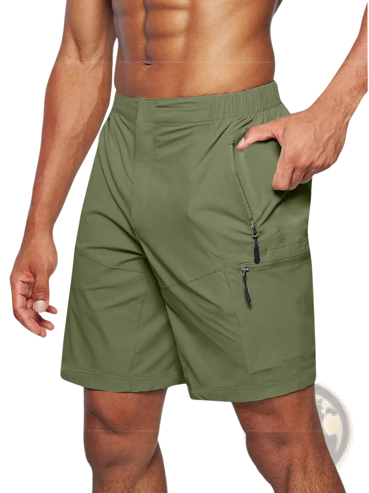 Men’s olive green quick-drying cargo shorts with multiple zippered pockets and an elastic waistband in large size
