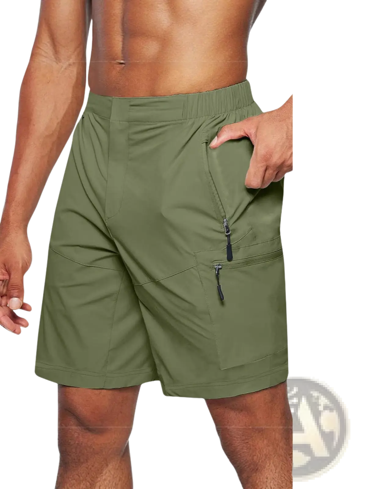 Men’s quick-drying olive green cargo shorts with multiple zippered pockets and elastic waistband large size front view