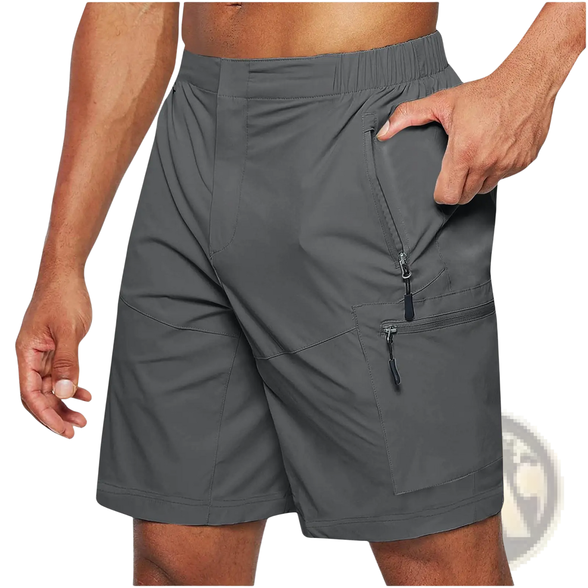 Men’s quick-drying gray cargo shorts with lightweight fabric, multiple zippered pockets, and elastic waistband large size