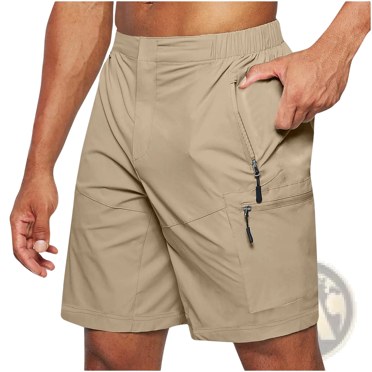 Beige men’s quick-drying cargo shorts large size with multiple zippered pockets and elastic waistband