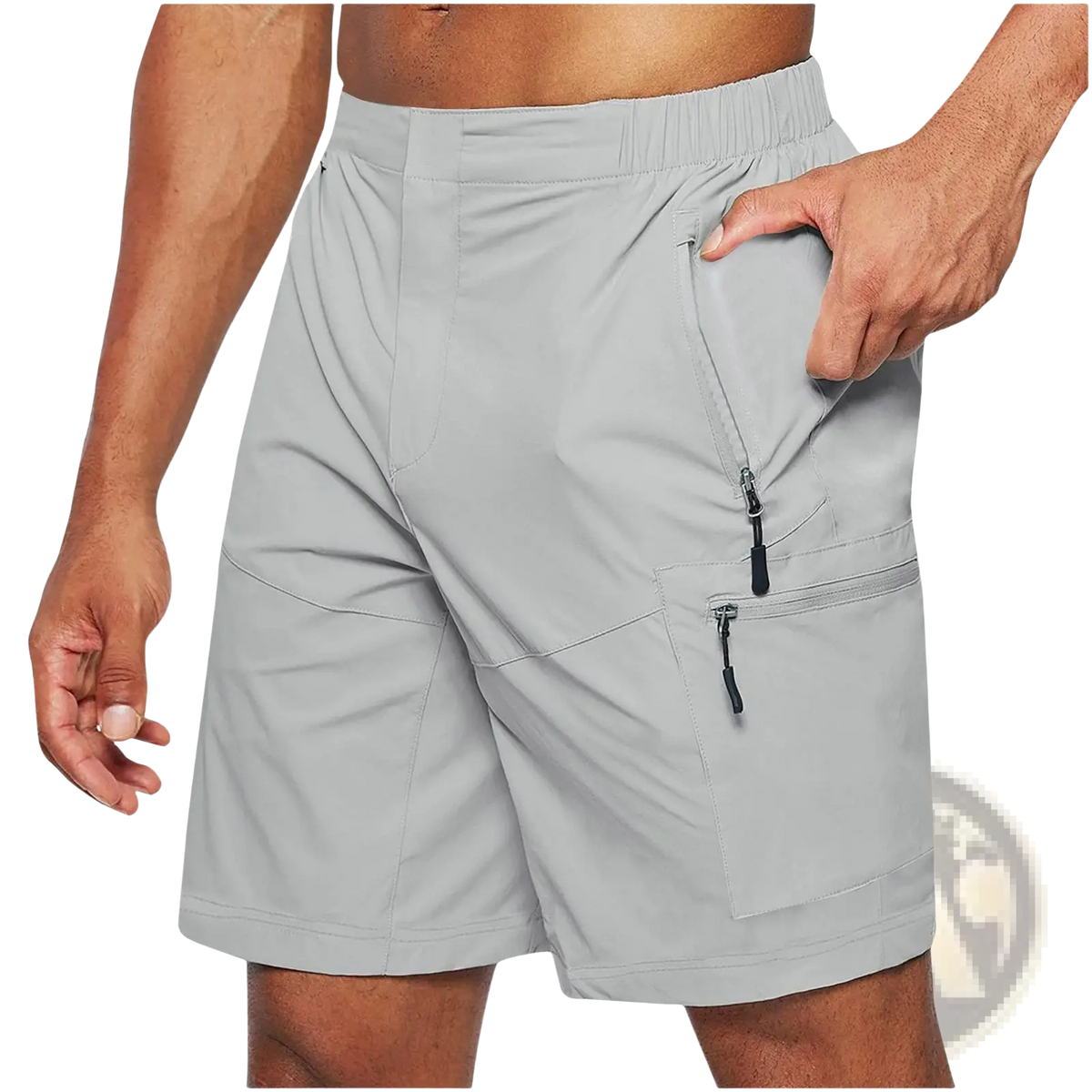 Men’s light gray quick-drying cargo shorts made of breathable fabric with zippered pockets and elastic waistband large size