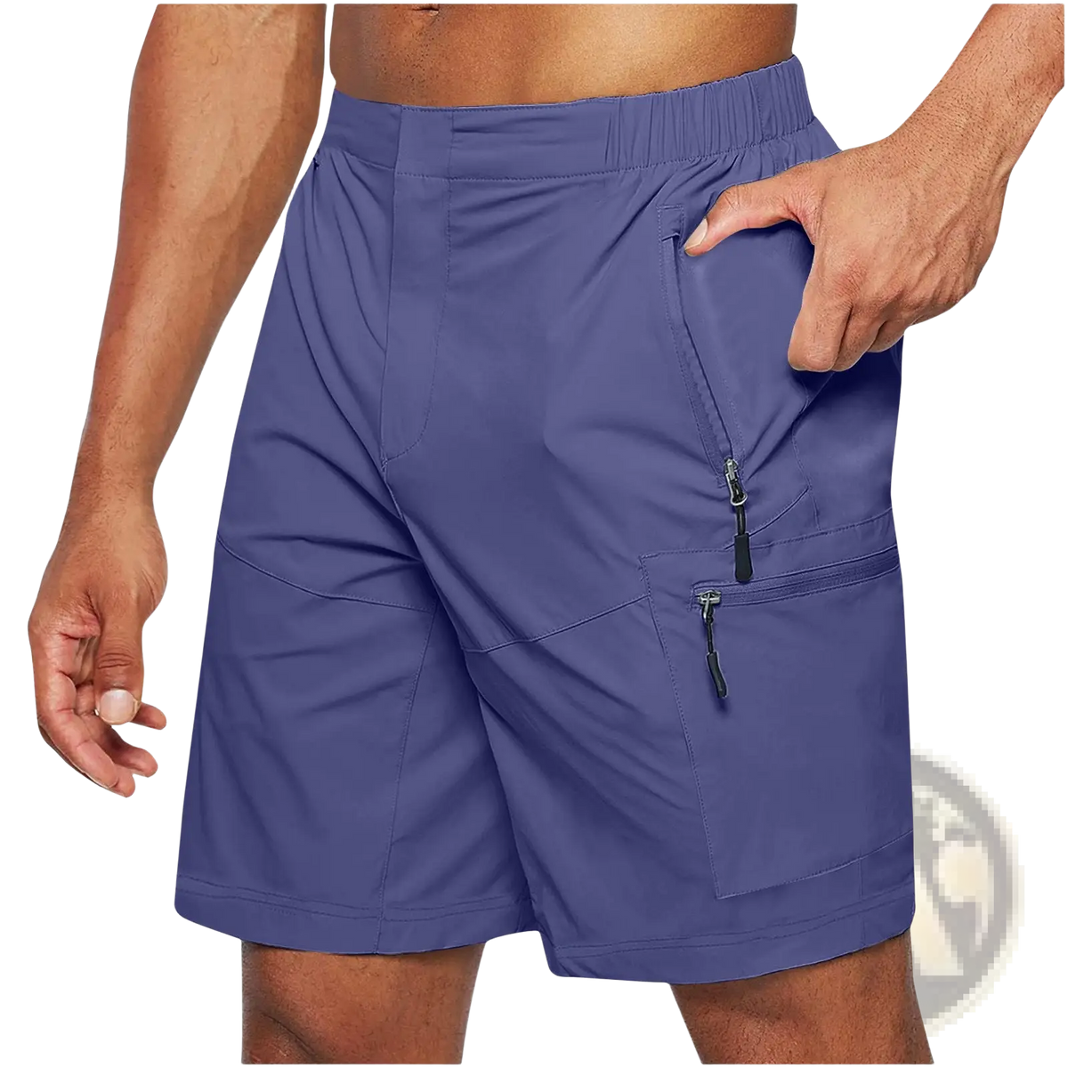 Men’s quick-drying purple athletic cargo shorts with multiple zippered pockets and an elastic waistband large size