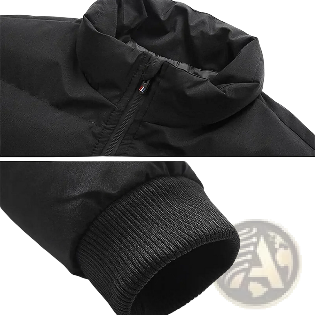 Men’s quilted black puffer jacket winter coat with quilted design and ribbed cuffs shown from the back side