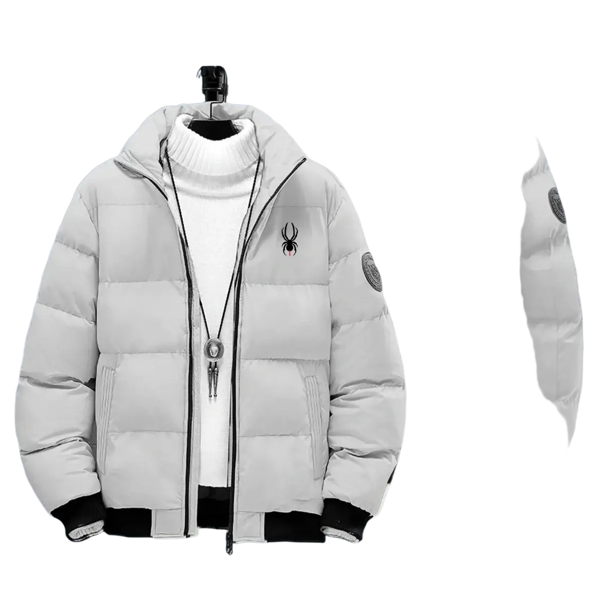 Men’s white quilted puffer jacket with black trim and spider logo designed for winter outerwear