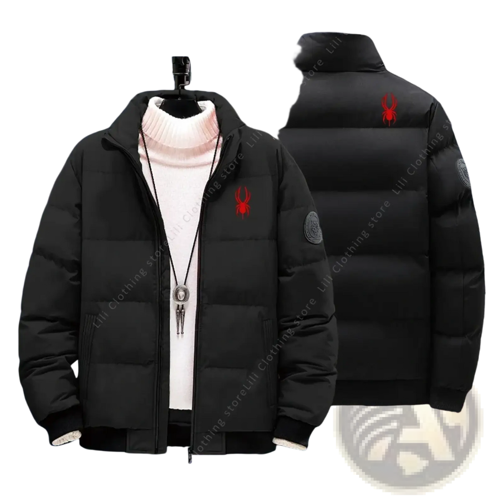 Men’s quilted black puffer jacket with red spider logo and gray circular patch on sleeve for winter wear