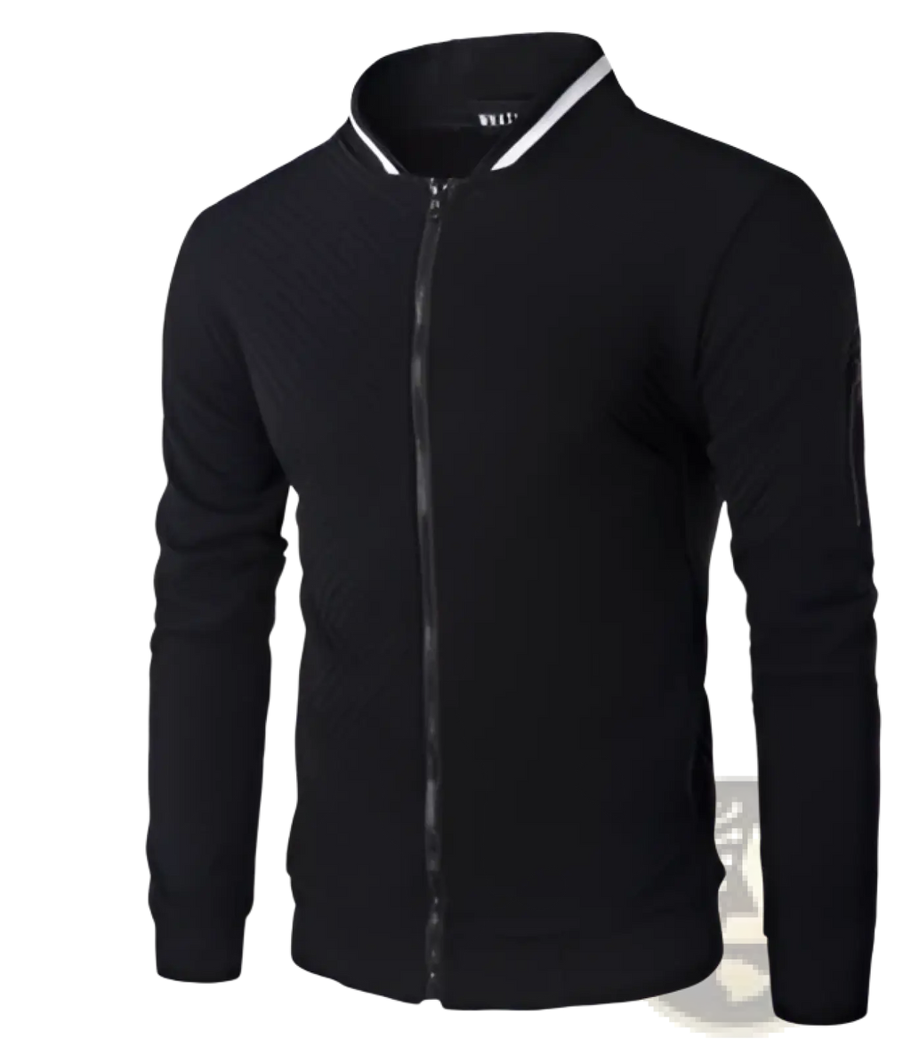 Men’s black quilted bomber jacket with textured fabric and white trim on stand collar zip-up front