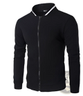 Men’s black quilted bomber jacket with textured fabric and white trim on stand collar zip-up front
