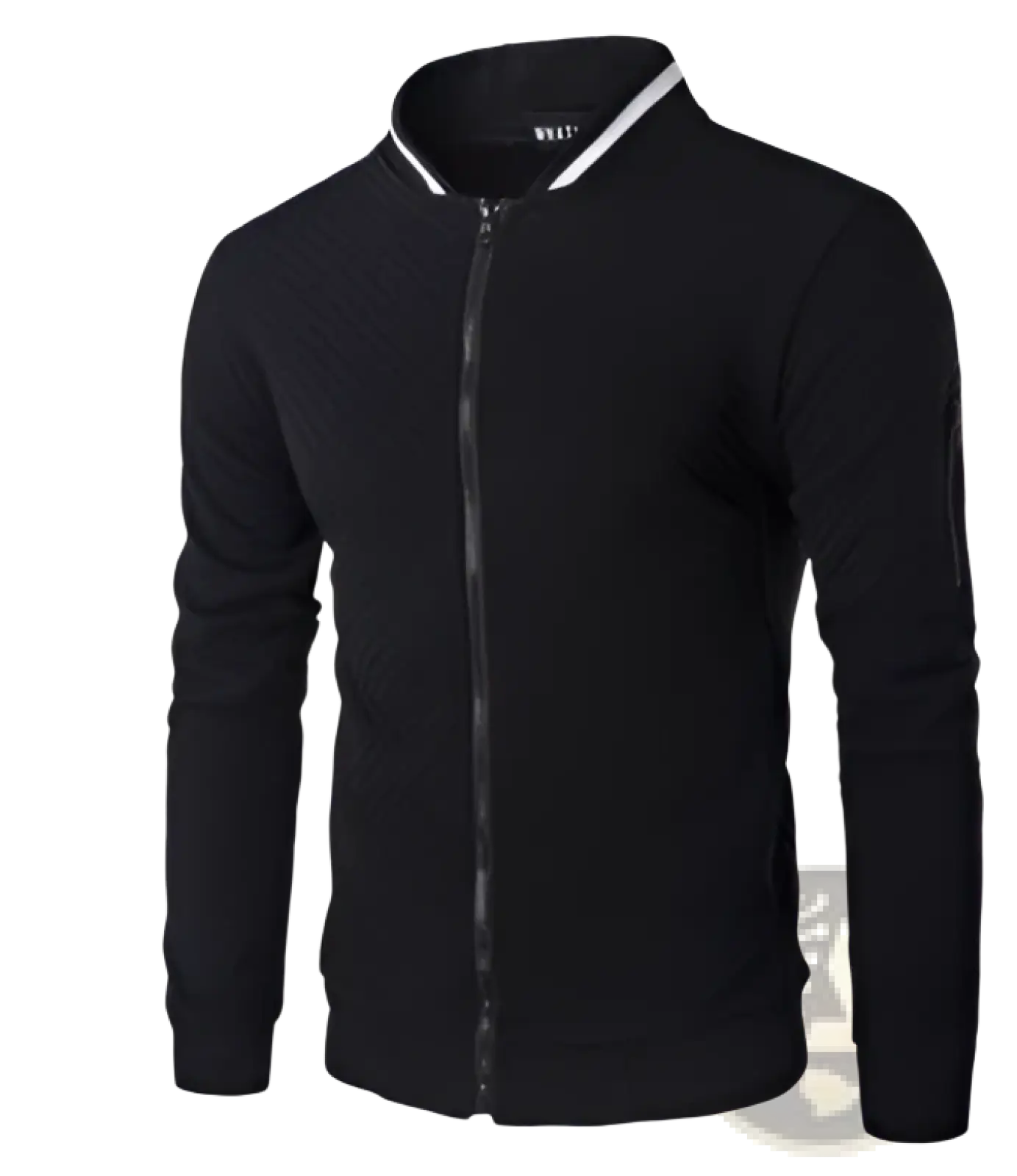 Men’s black quilted bomber jacket with textured fabric and white trim on stand collar zip-up front