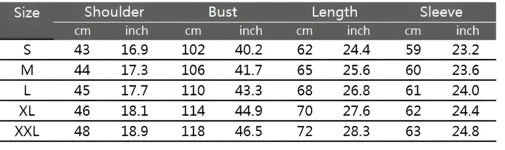 Size chart for men’s quilted colorblock bomber jacket with stand collar showing measurements in cm and inches s to xxl