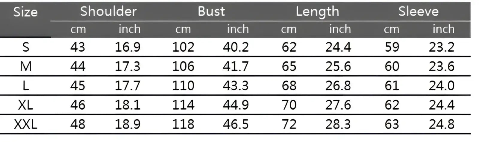 Size chart for men’s quilted colorblock bomber jacket with stand collar showing measurements in cm and inches s to xxl