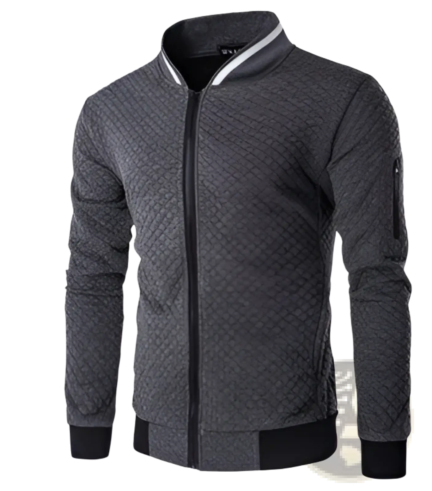 Men’s dark gray quilted bomber jacket with black trim white piping and stand collar for stylish outerwear