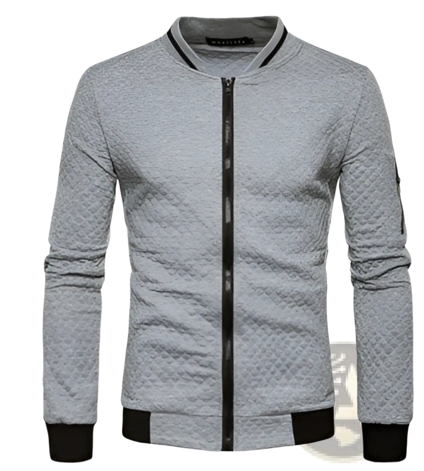 Men’s gray quilted bomber jacket with black zipper and ribbed cuffs featuring a stand collar for casual wear