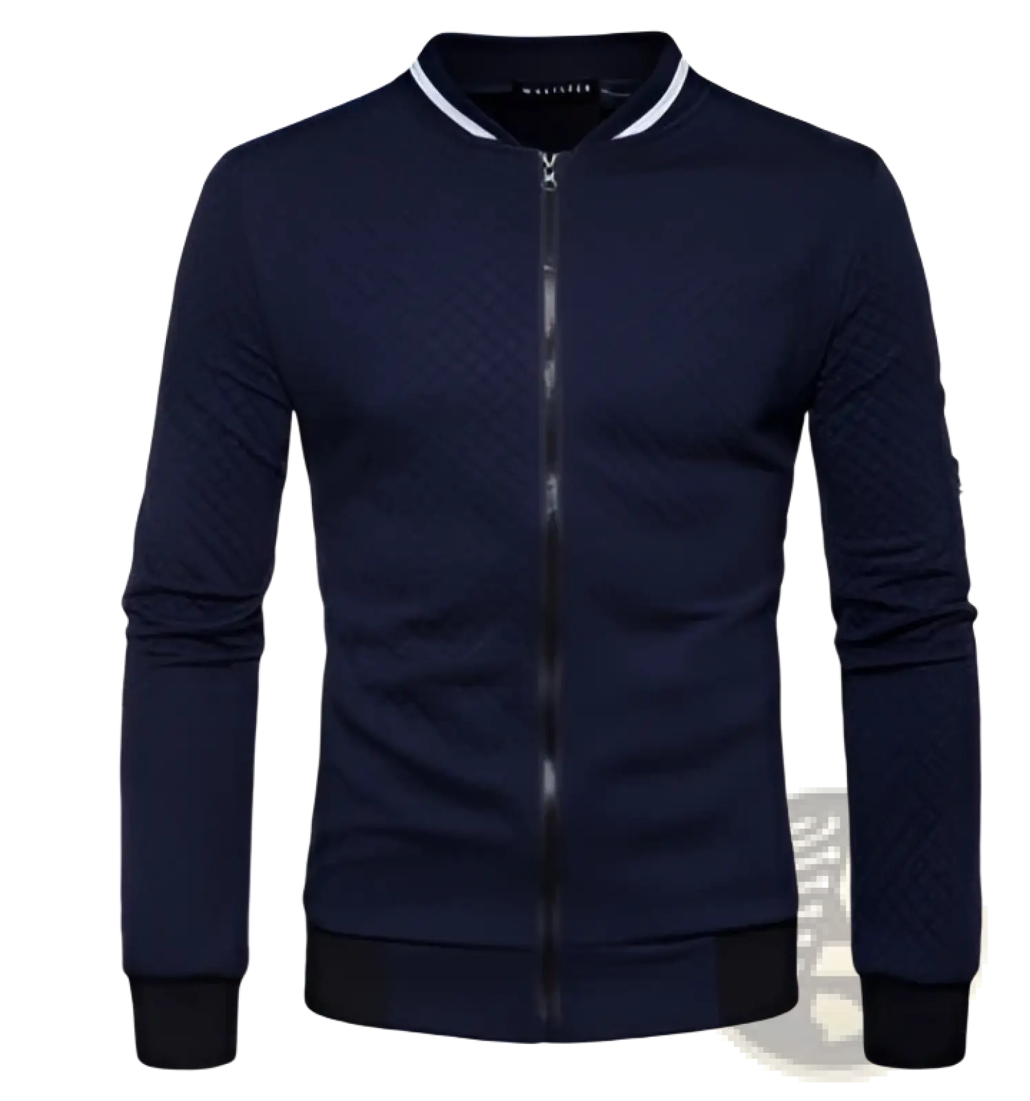 Men’s quilted navy blue bomber jacket with white trim and subtle textured pattern featuring a stand collar