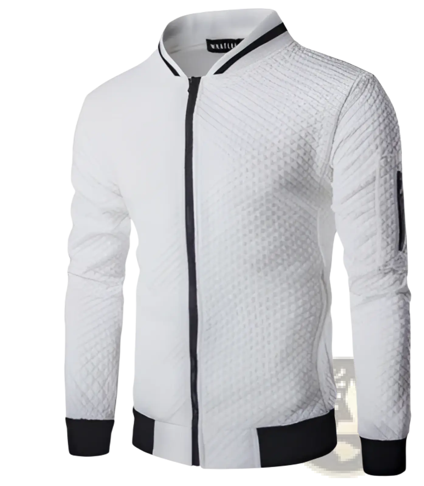 Men’s quilted white bomber jacket with black trim and zipper featuring a stand collar in a colorblock design